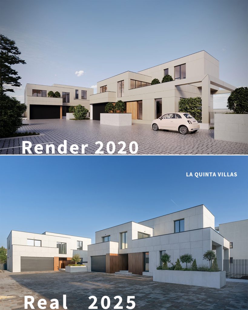 La Quinta Villas, NBC/ARHITECT: randare 2020 comparată cu ansamblul construit în 2025